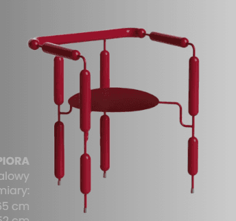 A modern, avant-garde chair constructed from tubular metal. The chair features a circular seat and a backrest formed by horizontal bars. Vertical elements with rounded ends extend downwards from the seat and armrests, creating a distinctive visual effect. The overall design is minimalist and sculptural. — 3D model