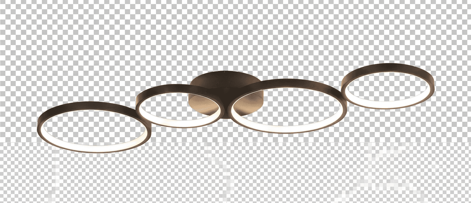 A modern ceiling light fixture featuring a central mount from which four interconnected circular rings extend horizontally. Each ring contains an integrated LED light source that emits a soft, uniform glow. The fixture has a dark, possibly matte black or dark grey, metallic finish, contributing to its contemporary and minimalist aesthetic. The overall design suggests a flush or semi-flush mounting style. — 3D model