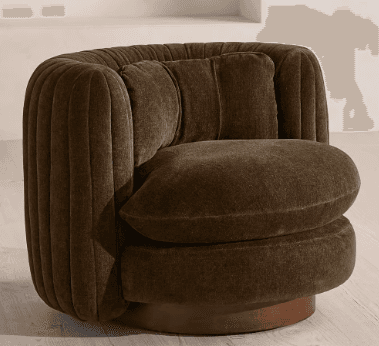 A medium-brown channel-tufted lounge chair with a rounded barrel silhouette, featuring a circular swivel base and a matching removable accent pillow. The upholstery appears to be a soft, textured fabric. — 3D model