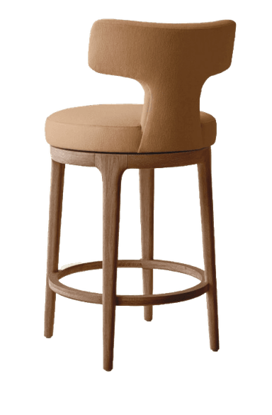 A contemporary bar stool featuring a rounded, padded seat and a distinctive, sculptural backrest, both upholstered in a warm, light brown or camel-colored fabric. The seat is supported by a natural finish wooden base that includes four slender, outwardly splayed and tapered legs, reinforced by a circular wooden footrest ring. The design suggests a swivel mechanism between the upholstered top and the wooden base. — 3D model
