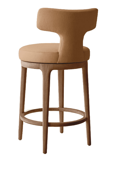 A contemporary bar stool featuring a rounded, padded seat and a distinctive, sculptural backrest, both upholstered in a warm, light brown or camel-colored fabric. The seat is supported by a natural finish wooden base that includes four slender, outwardly splayed and tapered legs, reinforced by a circular wooden footrest ring. The design suggests a swivel mechanism between the upholstered top and the wooden base. — 3D model