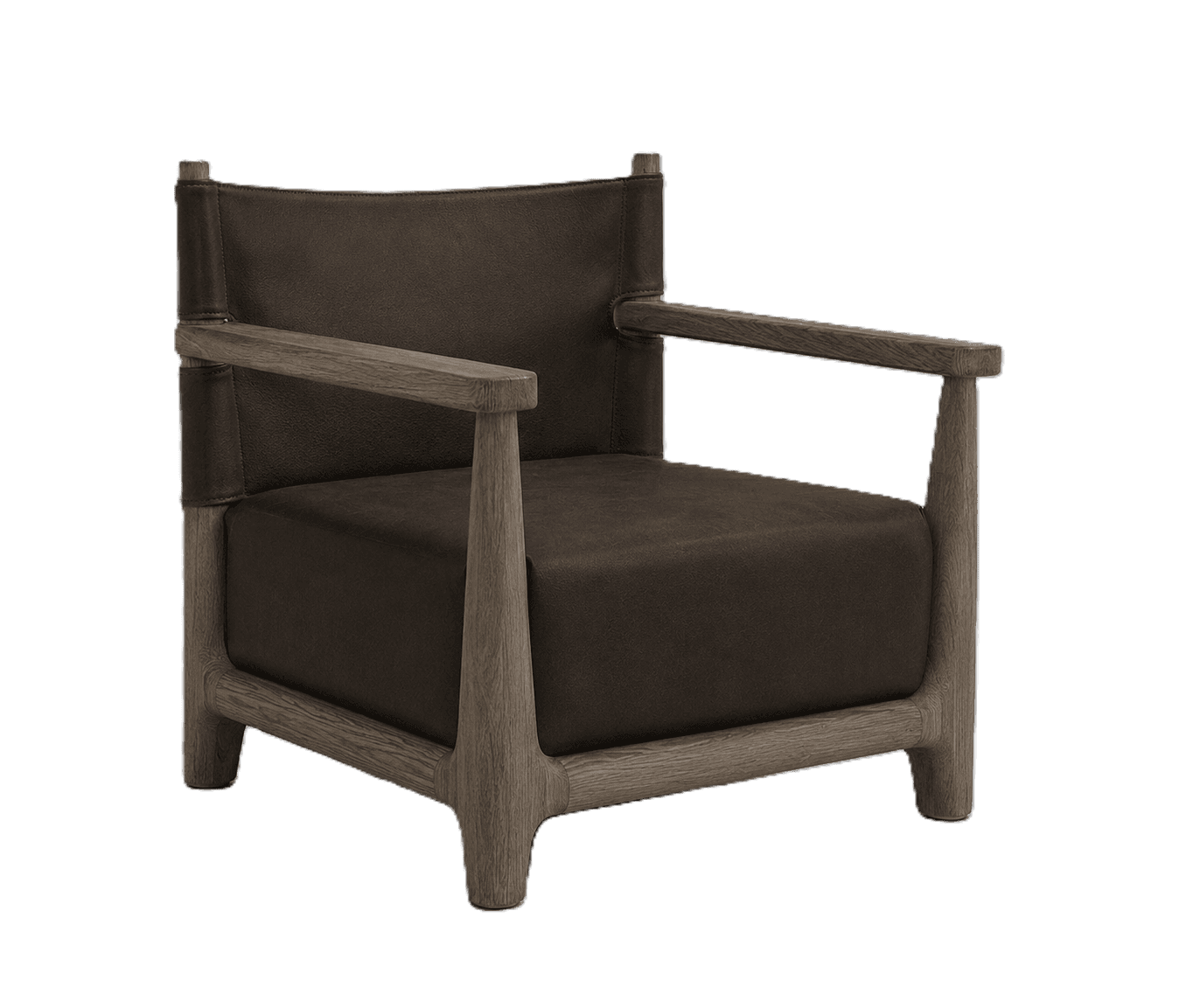 A contemporary armchair featuring a solid wood frame with a natural finish and upholstered seat, back, and armrests in dark brown leather. The design combines a robust wooden structure with softer upholstery for comfort and a sophisticated aesthetic. — 3D model