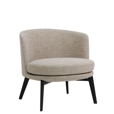 A contemporary armless accent chair with a low-profile design, upholstered in a light beige textured fabric. The chair features a rounded backrest that seamlessly blends into the seat, providing a bucket-like form. It is supported by four dark, tapered wooden legs. — 3D model