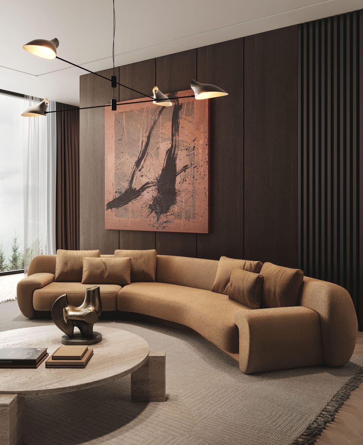 A modern, large, curved sectional sofa upholstered in a light brown, textured fabric. It features a continuous, low-profile back and arms that are integrated into the overall curvilinear design. The sofa is complemented by several loose back cushions in the same fabric. — 3D model