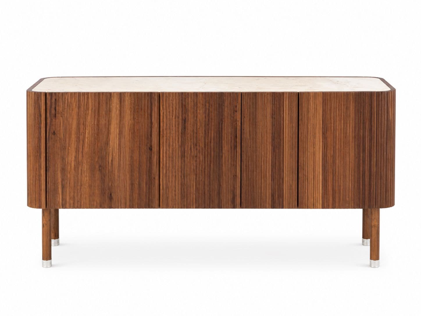 A contemporary sideboard with a rectangular marble top and a fluted wooden body. It features two doors and is supported by four tapered wooden legs with metallic caps. — 3D model