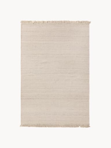 A rectangular area rug in a light, neutral off-white or ecru color, featuring a subtly textured woven pattern. The pattern consists of alternating horizontal bands, with some bands displaying a diagonal herringbone-like weave and others a plainer, tighter horizontal weave. The short edges of the rug are finished with short, unravelled fringe, characteristic of a flat-weave construction. The overall aesthetic is clean, minimalist, and natural. — 3D model