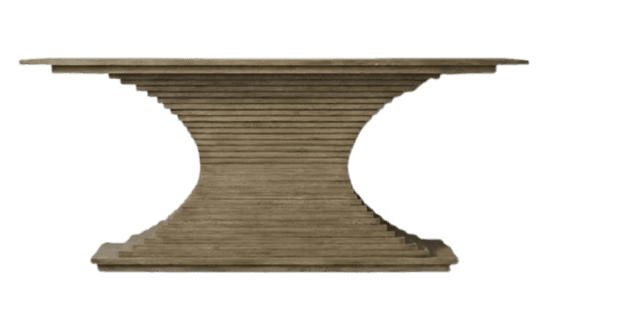 A console table featuring a distinctive hourglass-shaped pedestal base, constructed from numerous horizontal wooden slats or planks stacked and recessed to create a stepped, undulating profile. The base supports a flat, rectangular tabletop that extends beyond the base's width and length. The wood has a light, possibly weathered or natural finish. — 3D model