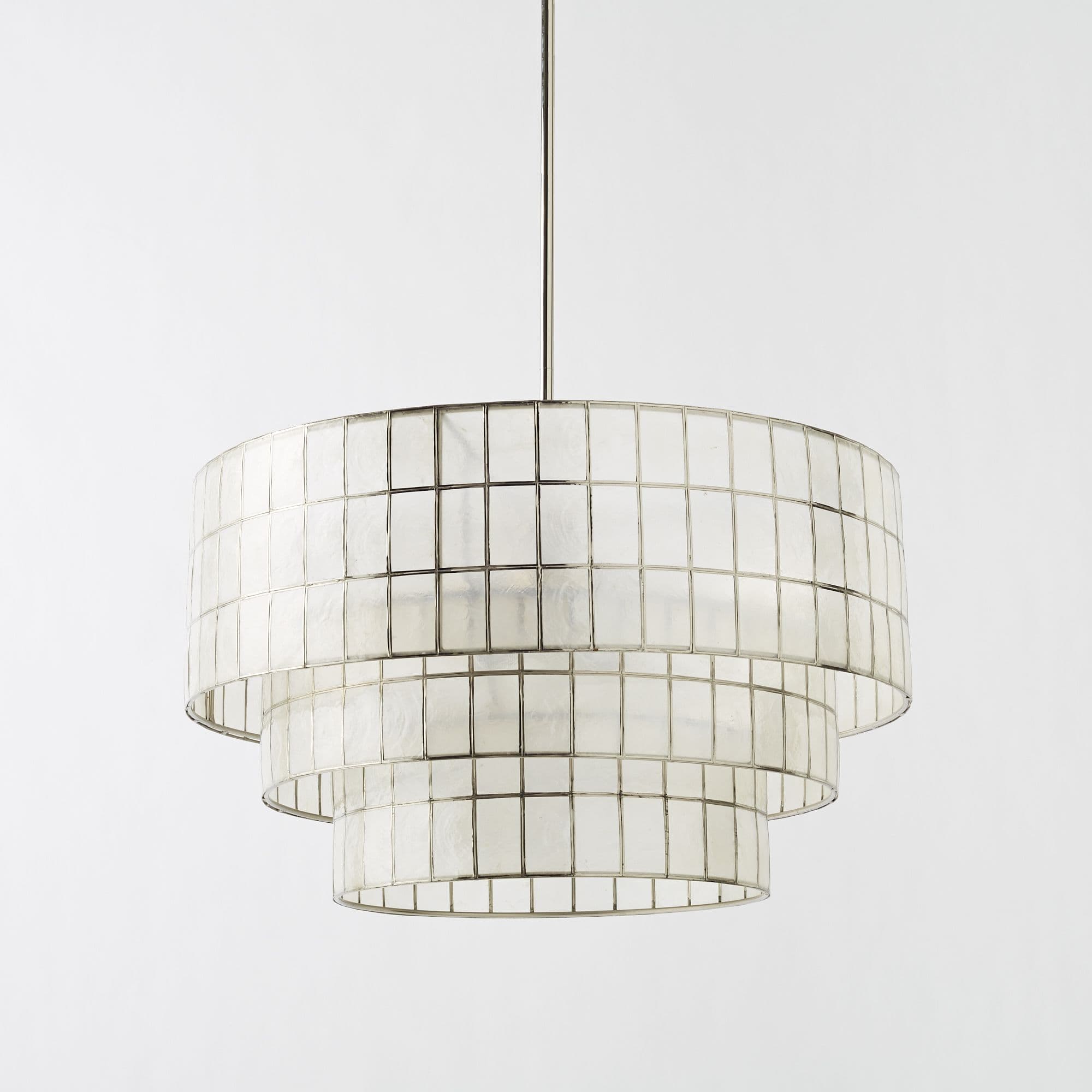 A tiered chandelier featuring a metal frame with a brushed nickel finish, supporting three cylindrical shades. Each shade is constructed from a grid of rectangular panels, appearing to be made of mother-of-pearl or a similar translucent material, which diffuses light. The tiers decrease in diameter from top to bottom. — 3D model