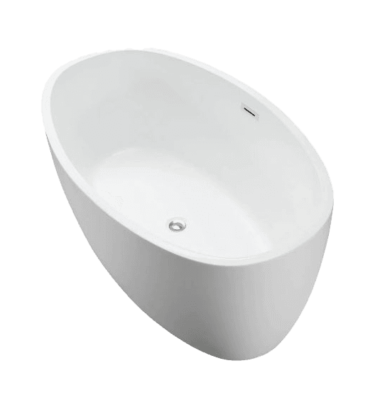 A modern, freestanding oval bathtub with a smooth, matte white exterior and a glossy white interior. It features a central drain and an overflow slot, indicating a contemporary design. The bathtub appears to be constructed from solid material, likely acrylic or a composite. — 3D model