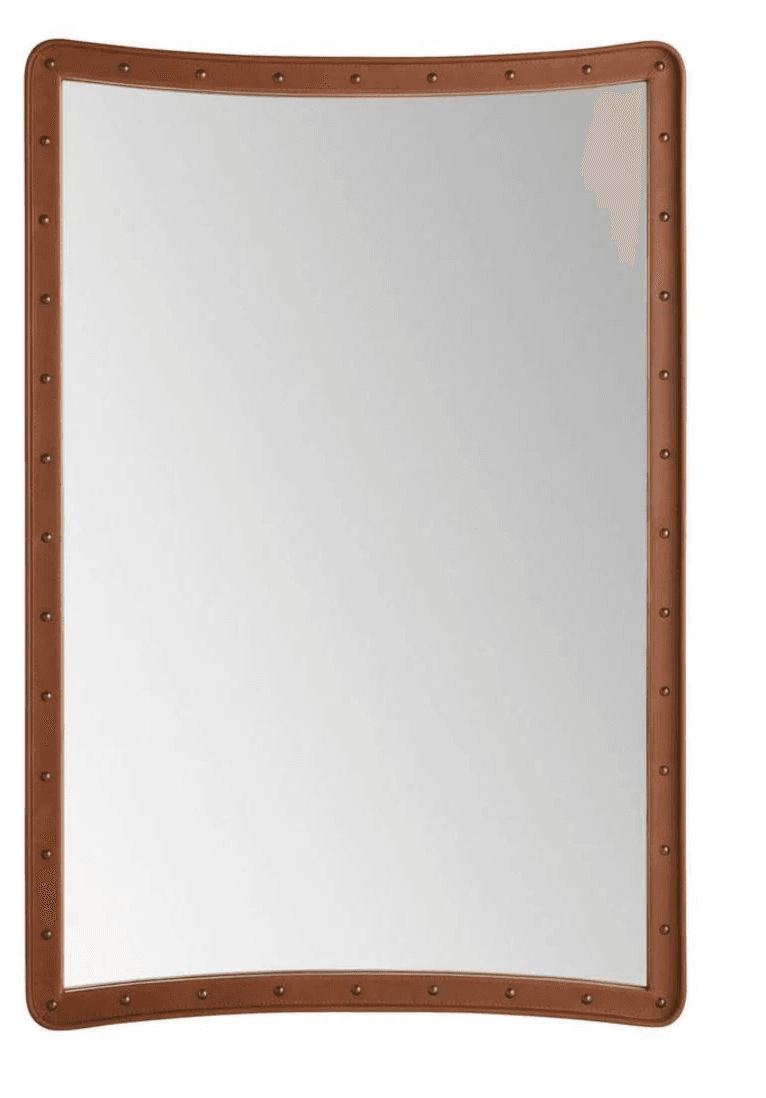 A tall, rectangular wall mirror featuring a frame constructed from rich, medium brown leather, accented with numerous brass-toned studs along its inner and outer edges. The mirror glass is plain, and the frame exhibits softly rounded corners, contributing to a refined yet rugged aesthetic. — 3D model
