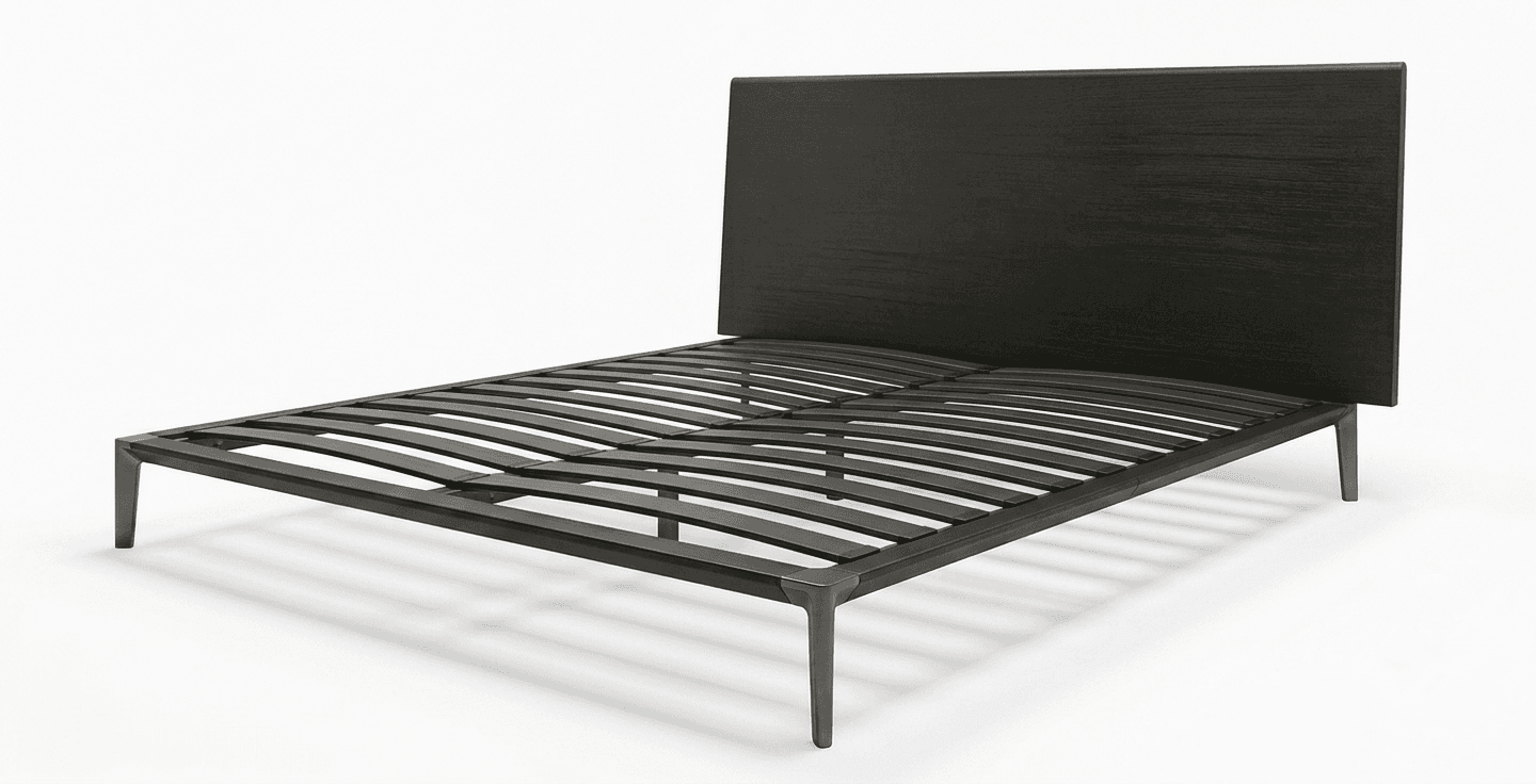 A modern platform bed frame featuring a minimalist design, constructed from dark-stained wood with an integrated, rectangular headboard. The bed frame includes a system of curved wooden slats designed to support a mattress directly, eliminating the need for a box spring. It stands on four tapered square-profile legs, giving it an elevated and clean appearance. — 3D model