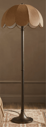 A tall floor lamp featuring a slender metallic pole and base, topped with a distinctive bell-shaped fabric shade that has a scalloped edge and an ombre color transition. — 3D model