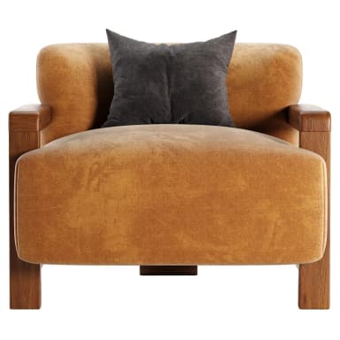 A contemporary armchair featuring a plush, upholstered seat and back in a warm, textured orange fabric, supported by an exposed rectangular wooden frame that forms the armrests and base. A dark grey throw pillow rests on the seat. — 3D model