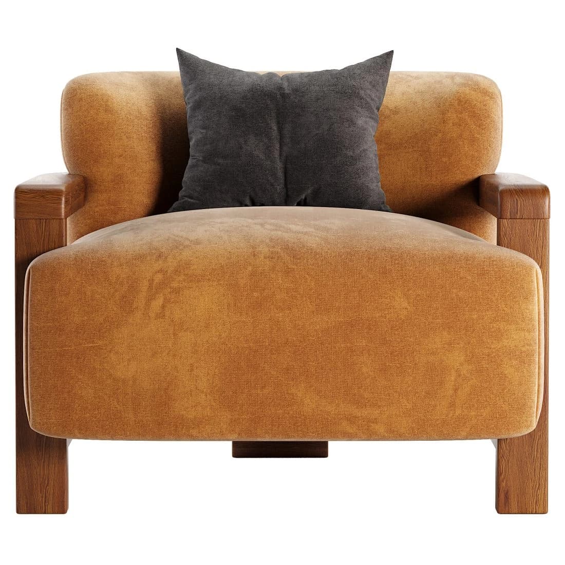 A contemporary armchair featuring a plush, upholstered seat and back in a warm, textured orange fabric, supported by an exposed rectangular wooden frame that forms the armrests and base. A dark grey throw pillow rests on the seat. — 3D model