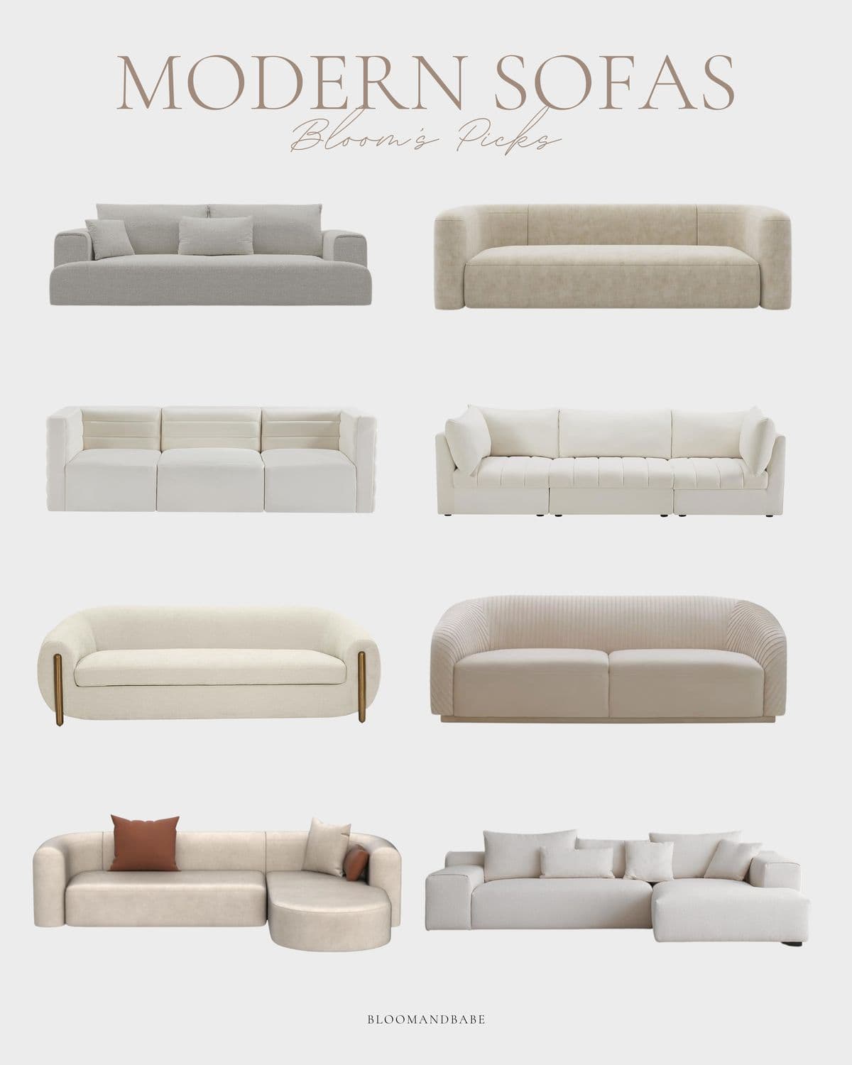 An upholstered sectional sofa featuring a contemporary design with smooth, rounded edges. It consists of a main seating section and an integrated, curved chaise lounge, all upholstered in a light beige fabric. Two throw pillows, one beige and one rust-colored, are included. — 3D model