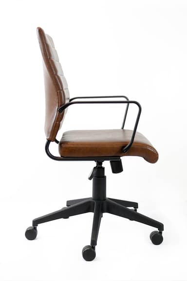 A high-back office chair with brown faux leather upholstery featuring horizontal ribbing, black metal armrests, and a black five-star caster base with an adjustable height mechanism. — 3D model