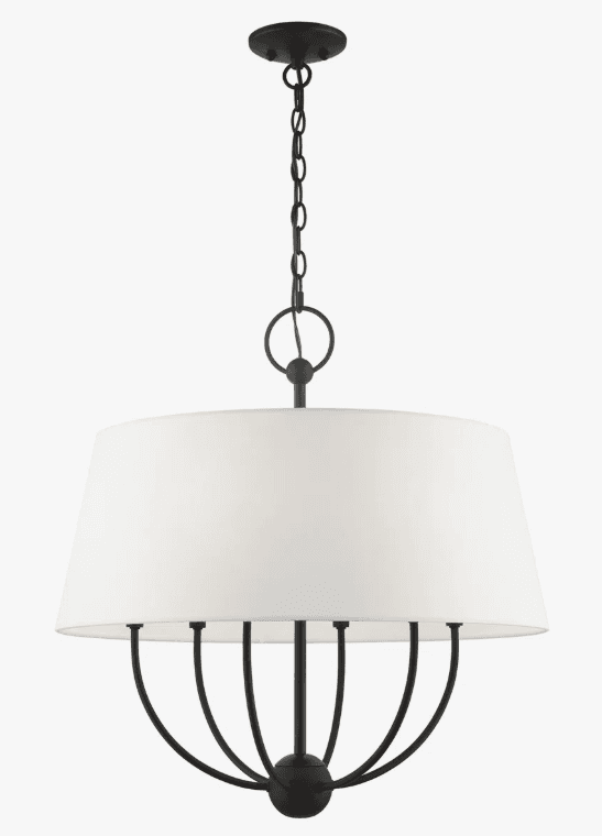 A chandelier featuring a large, conical white fabric drum shade suspended by a black metal chain from a circular ceiling mount. The base of the shade is adorned with a decorative black metal framework that curves downwards and inwards, culminating in a central spherical element. The design appears modern with a touch of traditional influence. — 3D model