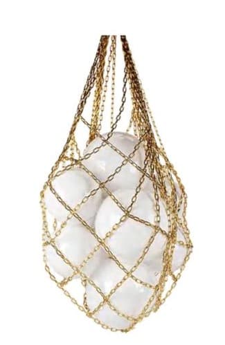 A distinctive pendant light featuring multiple white spherical diffusers of varying sizes, seemingly clustered together and enclosed within a decorative net of golden chains. The entire structure is suspended by a cluster of matching golden chains, creating an opulent and sculptural lighting element. The design appears modern and luxurious. — 3D model