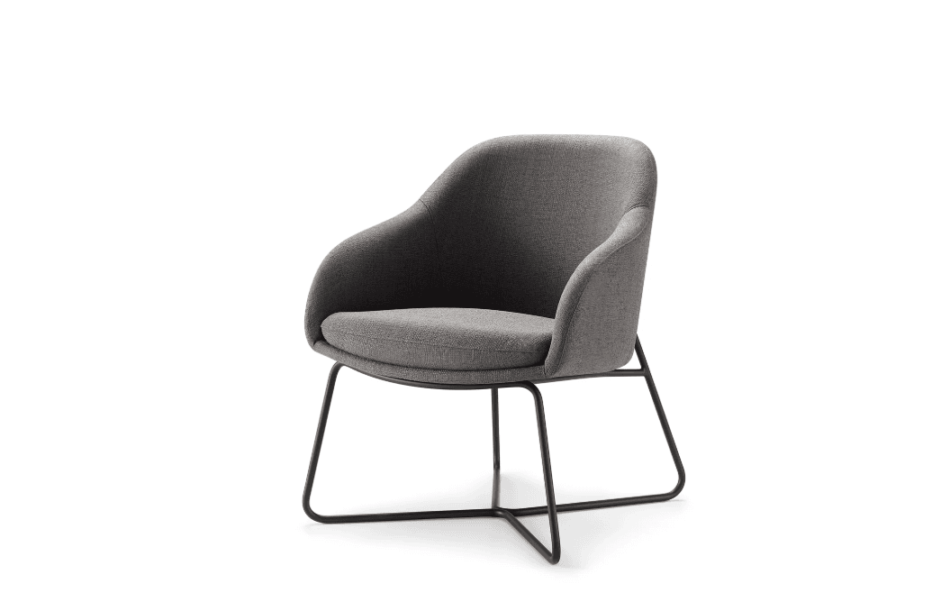 A modern upholstered lounge armchair featuring a curved gray fabric shell with integrated arms and a separate seat cushion, supported by a minimalist black metal sled base. — 3D model