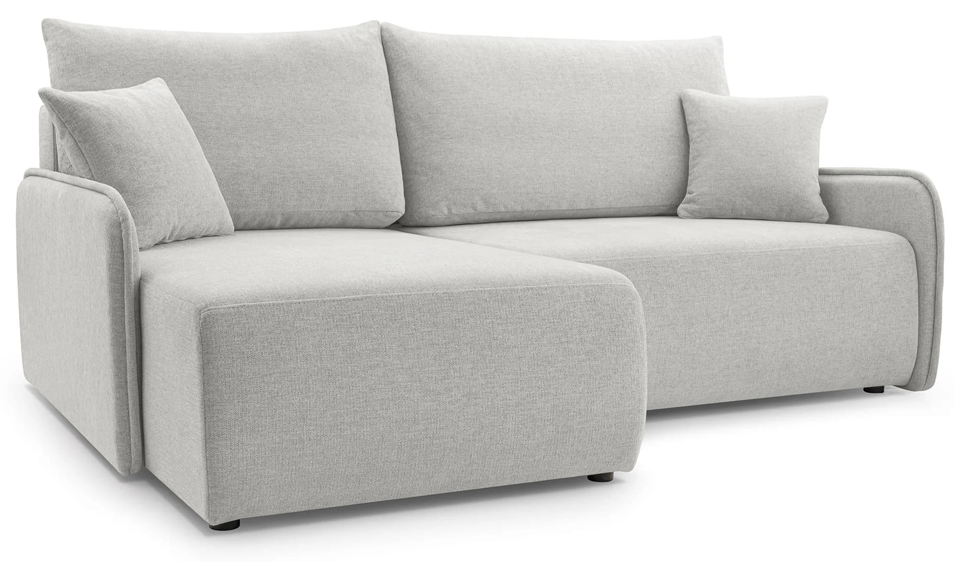 A sectional sofa upholstered in a light gray textured fabric. The sofa features a chaise lounge section on the left and a standard seating section on the right. It includes multiple cushions, with two large back cushions and two smaller throw pillows. The design is modern with clean lines and rounded armrests. — 3D model