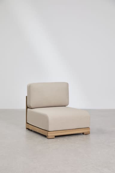 A compact, low-profile modular armchair featuring a natural light-toned wood frame and thick, light beige fabric upholstery. The design is modern and minimalist. — 3D model