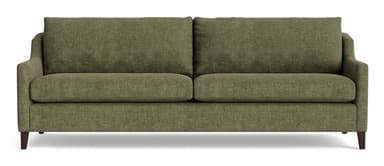 A contemporary three-seater sofa upholstered in a textured olive green fabric, featuring clean lines, track arms, and dark wooden tapered legs. — 3D model
