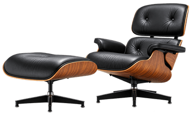 A classic Mid-Century Modern lounge chair featuring a black leather upholstered seat, backrest, and armrests, set within a molded plywood frame with a walnut veneer finish. It stands on a black five-star aluminum base with glides. — 3D model