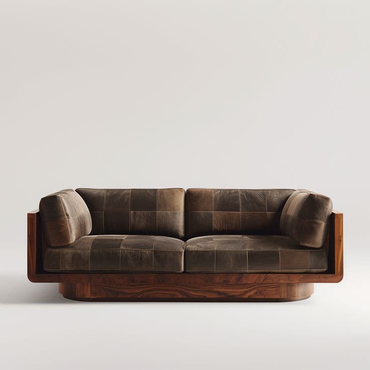 A contemporary two-seater sofa featuring a distinctive patchwork dark brown leather upholstery, integrated into a substantial dark wood frame, and supported by a matching plinth base. — 3D model