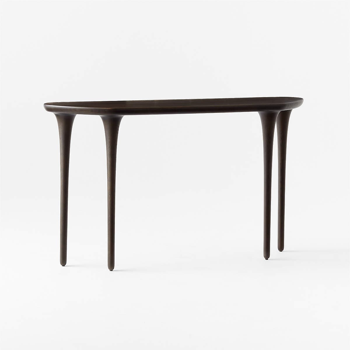An organic modern console table crafted from dark-stained wood, featuring an elongated, curved tabletop and four slender, tapered legs with a sculptural attachment to the top. — 3D model