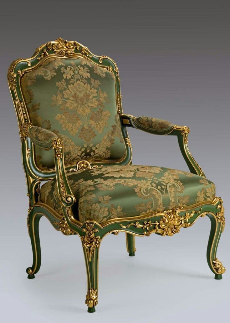 An ornate armchair with a high, curved back and upholstered seat and backrest. The frame is characterized by intricate gold-colored carvings and embellishments. The upholstery features a damask pattern in shades of green and gold. The legs are cabriole-style, also adorned with carvings. — 3D model