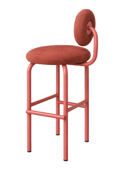 A modern, monochromatic reddish-orange bar stool featuring a round upholstered seat and a small, round upholstered backrest, supported by a tubular metal frame with integrated footrests. — 3D model