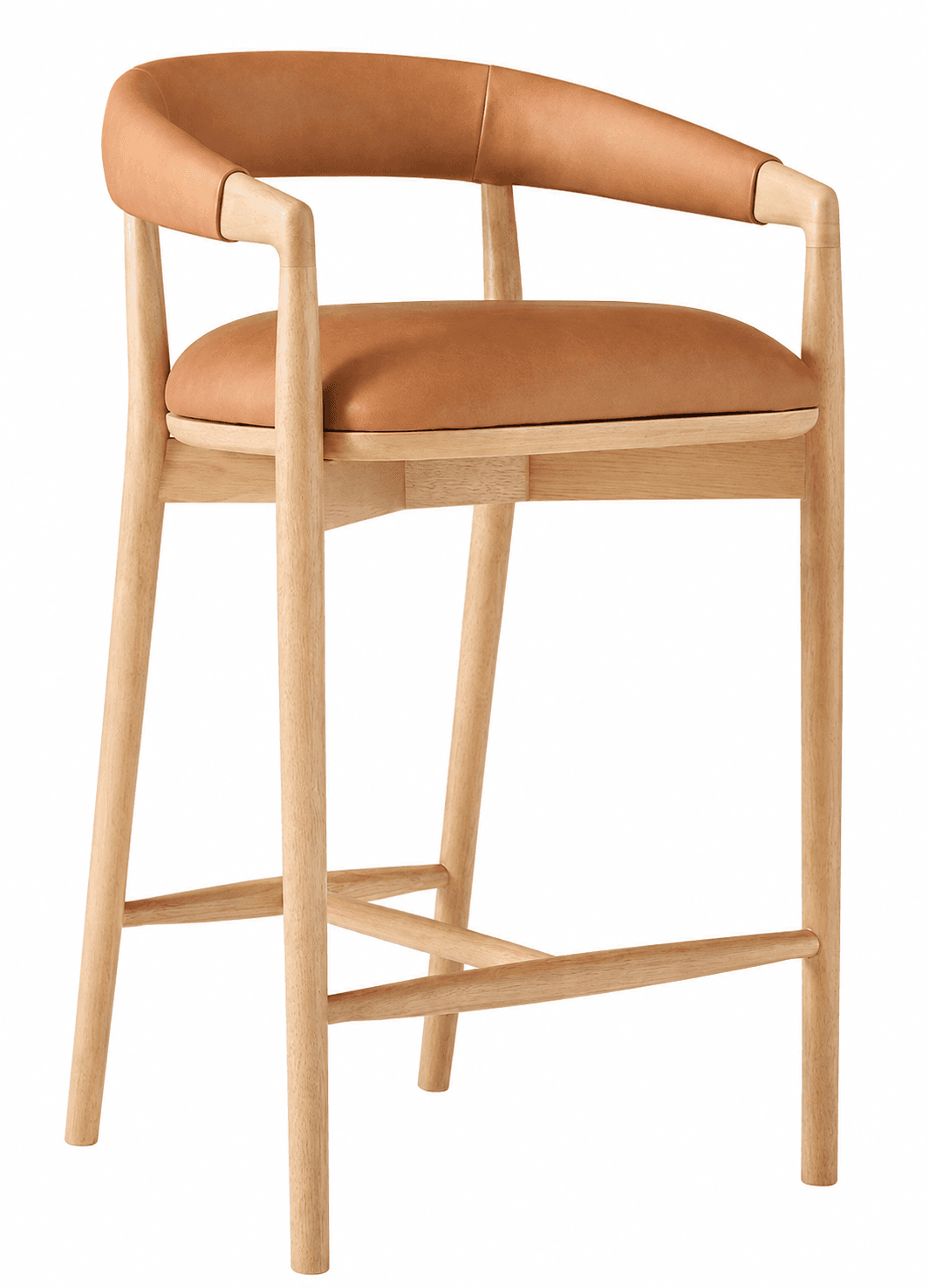 A contemporary bar stool featuring a light-toned wooden frame and tan leather upholstery on the seat and curved backrest/arms. It includes a footrest rung for comfort. — 3D model