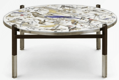 A round coffee table with a glass top featuring an intricate design of birds and foliage. The base is constructed with metal legs in a dark brown and brushed metal finish, forming a square frame under the tabletop and supporting the circular glass. — 3D model