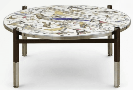A round coffee table with a glass top featuring an intricate design of birds and foliage. The base is constructed with metal legs in a dark brown and brushed metal finish, forming a square frame under the tabletop and supporting the circular glass. — 3D model