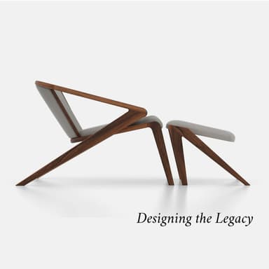 A contemporary lounge chair and ottoman set, featuring a dark angular wooden frame and light grey fabric upholstery, designed with a low profile. — 3D model