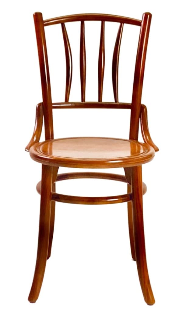 A wooden chair with a curved backrest composed of vertical spindles and a solid, circular seat. The chair features gently curved legs and armrests. The overall design suggests a classic bentwood style. — 3D model