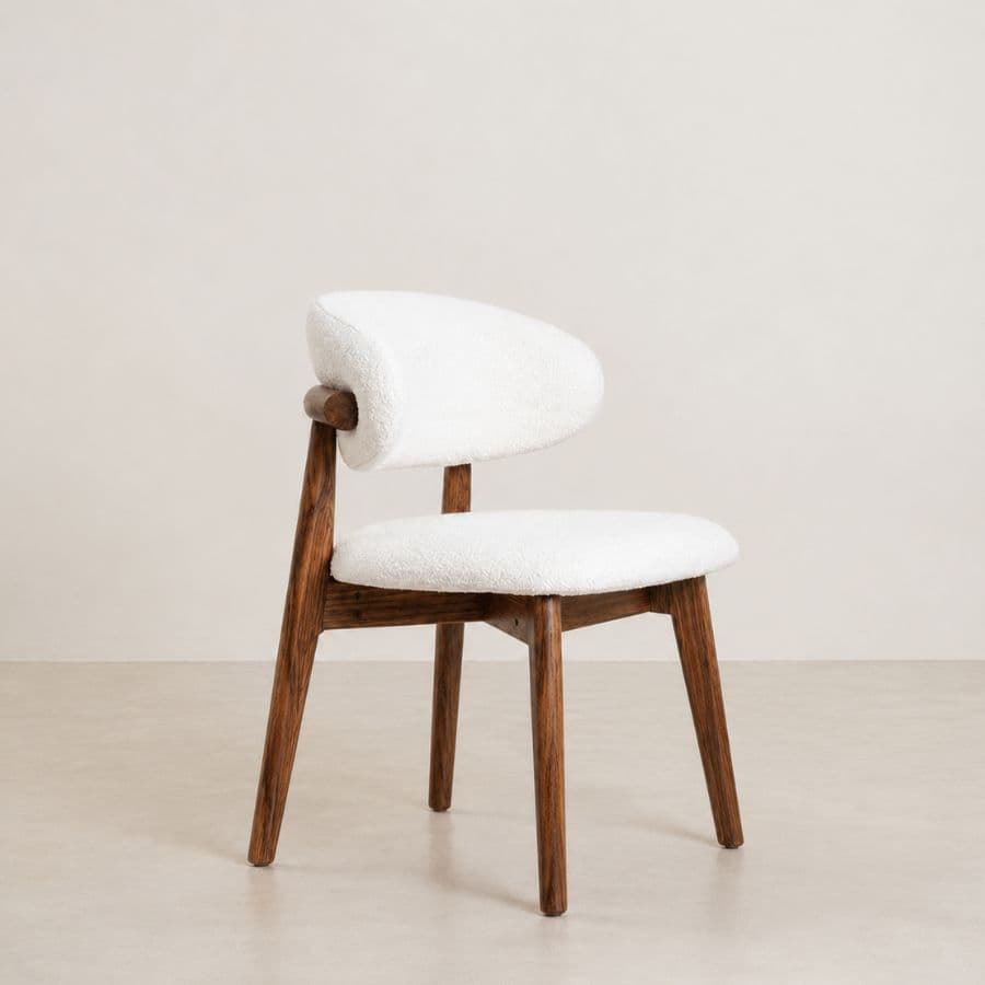 An armless chair featuring a dark-stained solid wood frame and white bouclé fabric upholstery on both the seat and the distinctive curved backrest. The backrest appears to float, connected by two rounded wooden supports. The chair has four tapered wooden legs. — 3D model