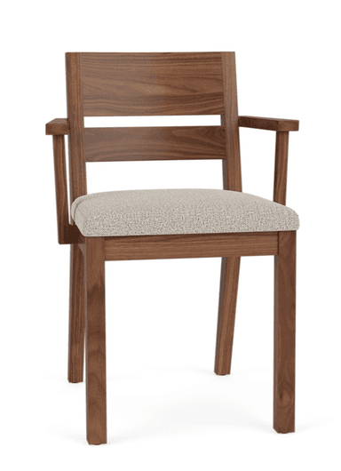 A modern armchair constructed from dark brown wood, featuring a light grey upholstered seat. The chair has a minimalist design with straight front legs and gently curved back legs. The backrest is composed of a solid top rail and a lower horizontal slat, complementing the straight armrests. — 3D model