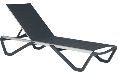 A modern chaise lounge chair with a dark grey fabric seat and backrest, supported by a grey aluminum frame. The chaise lounge features an adjustable backrest with a visible mechanical hinge and support structure, and a streamlined, contemporary design suitable for outdoor or indoor relaxation. — 3D model