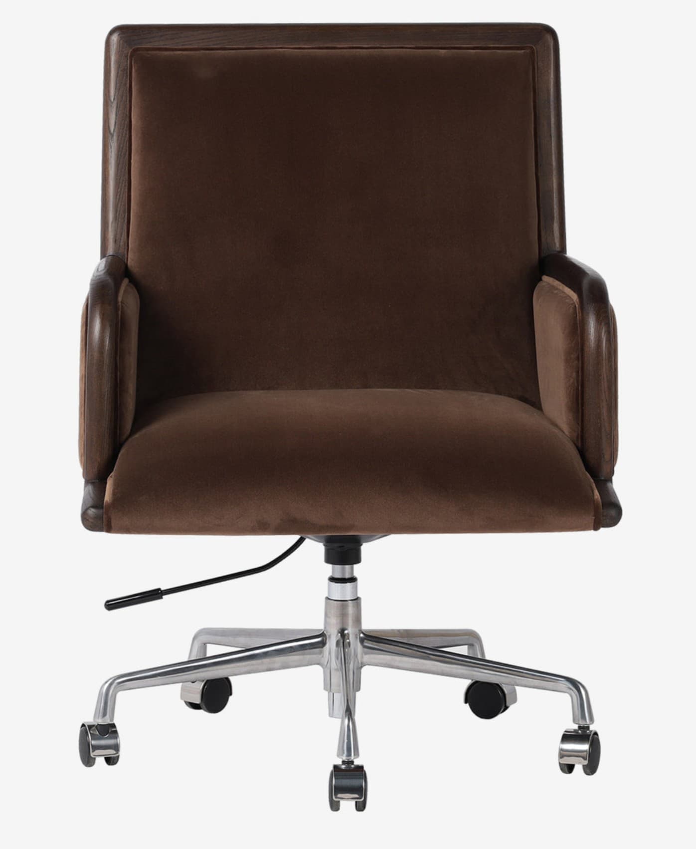 A contemporary office chair with a brown velvet upholstered seat and back, framed by dark stained wood. The chair features a five-star base with casters and an adjustable height mechanism. — 3D model