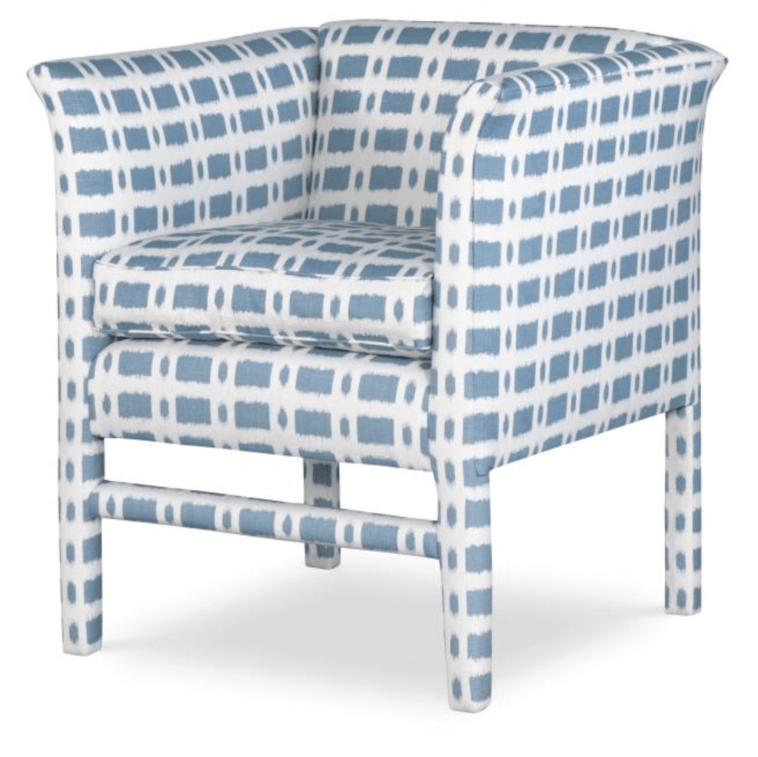 An upholstered barrel armchair featuring a continuous curved back and arms, covered in a blue and white geometric patterned fabric, with fabric-wrapped legs. — 3D model
