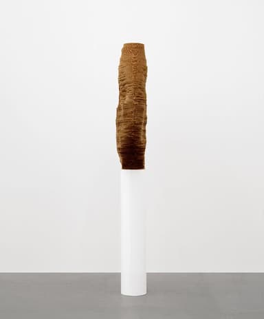 A large, irregularly shaped abstract sculpture with a textured, woven surface in a rich brown hue, displayed prominently on a tall, minimalist white cylindrical pedestal. — 3D model