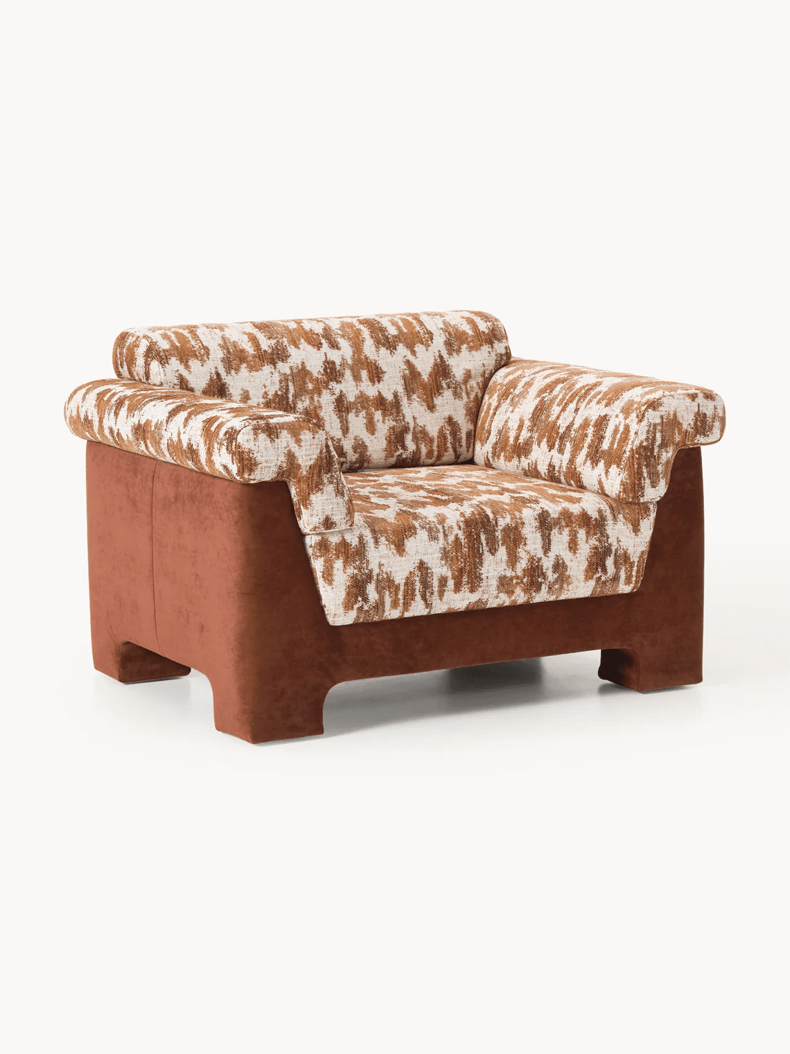 A single-seater armchair with a low profile and wide armrests. The seat and back cushions feature a textured geometric pattern in brown and off-white. The base and outer frame are upholstered in a solid, muted reddish-brown fabric. The armchair has a contemporary design with integrated block feet. — 3D model