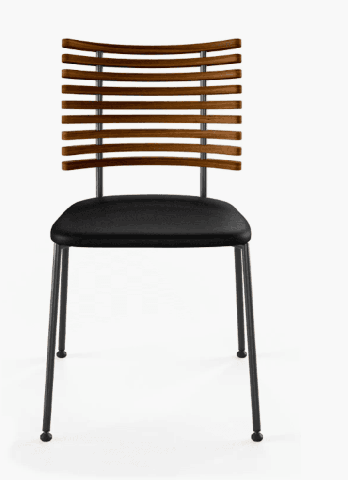 A contemporary dining chair featuring a curved, slatted wooden backrest, a padded black upholstered seat, and a minimalist black tubular metal frame with four straight legs. The backrest consists of multiple horizontal wooden slats attached to vertical metal supports. — 3D model