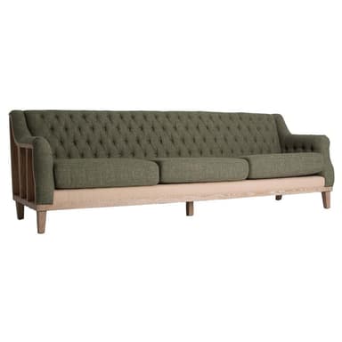 A three-seater sofa with a tufted backrest and seat cushions. The sofa features a prominent wooden frame with visible grain and detailing, supporting the upholstered seating area. The upholstery appears to be a textured fabric in a muted green hue. — 3D model