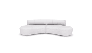 A white, curved sofa viewed from a top-down perspective. The sofa features a distinctive semi-circular design with segmented cushioning on the seating surface and backrest. The overall form suggests a modern or contemporary aesthetic. — 3D model