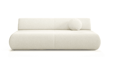 A modern, low-profile sofa with a minimalist design. It features a seamless, upholstered frame with rounded edges, a slightly angled backrest, and a single long seat cushion. A small, round throw pillow is placed on the right side of the backrest. The upholstery has a textured appearance. — 3D model