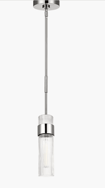 A sleek, modern pendant light featuring a cylindrical fluted glass shade suspended from a polished chrome rod and canopy. The design highlights the clear glass texture and metallic finish. — 3D model