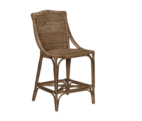 A woven bar stool with a high back and a four-legged base connected by stretchers. The seat is integrated into the woven structure. The backrest features a diamond pattern in its upper section. — 3D model