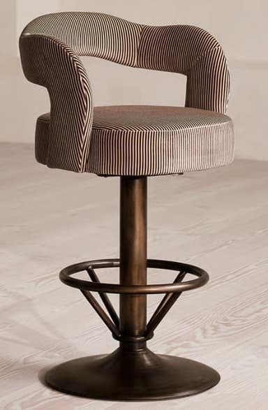 A bar stool with a padded seat and backrest upholstered in a striped fabric. It features a height-adjustable pedestal base with a circular footrest and a round, flat base. — 3D model